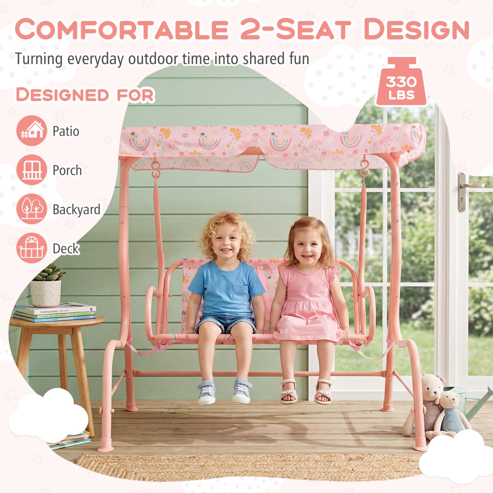 SUGIFT Pink 2-Seat Kids Swing Chair, Triangle Metal Frame, Backrest and Rotating Canopy