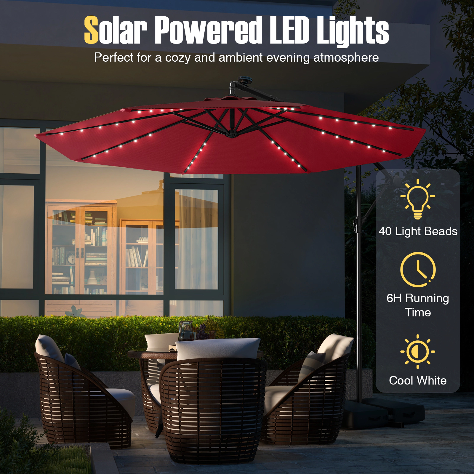 SUGIFT 10-ft Offset Cantilever Patio Umbrella with 40 Solar Powered Lights and Sand Bag Red