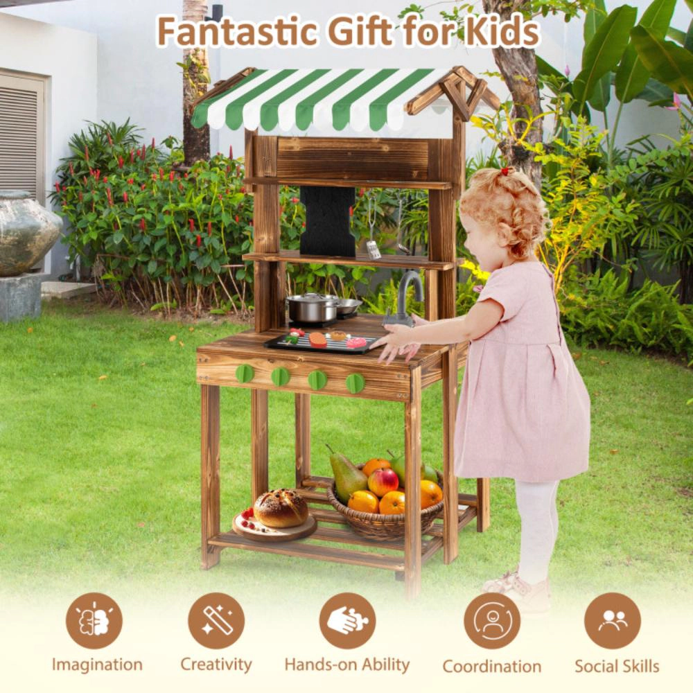 Hivvago Double-Sided Mud Kitchen with Canopy and Chalkboard for 3+ Years Old-Natural