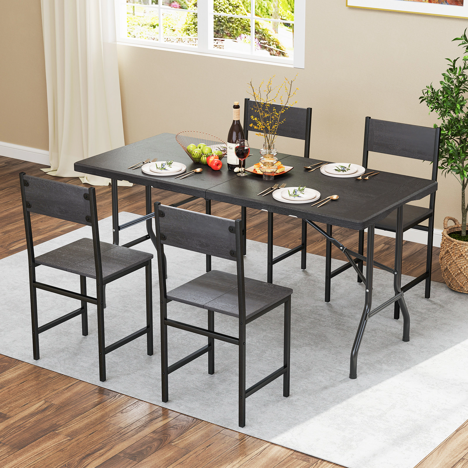SUGIFT 5 ft Folding Picnic Table Black HDPE Wood Grain Top with Carry Handle