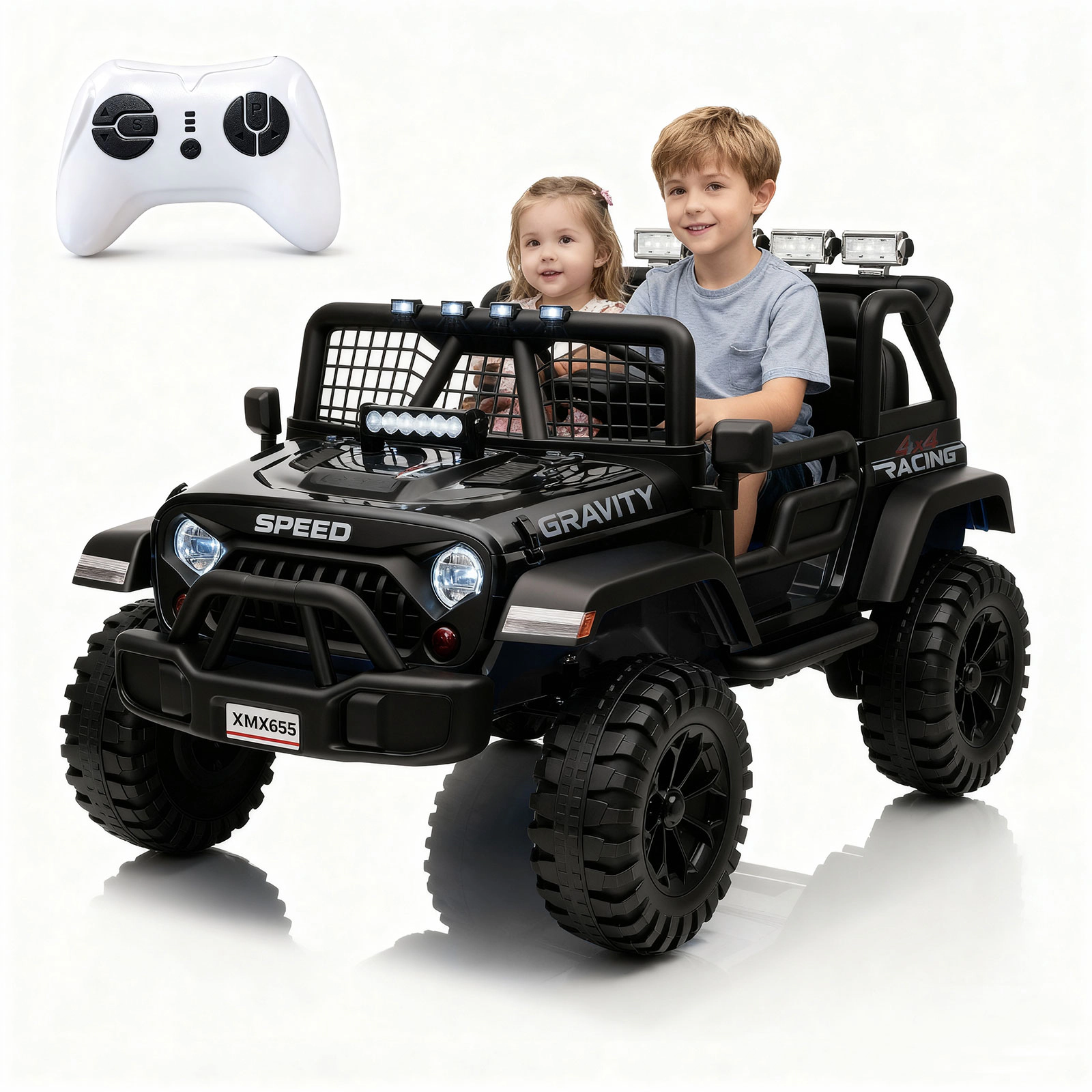 24V 2-Seater Kids Ride On Truck, Electric Car w/ Remote, 4WD, LED Lights, Music, 7Ah Battery & 2 Speeds