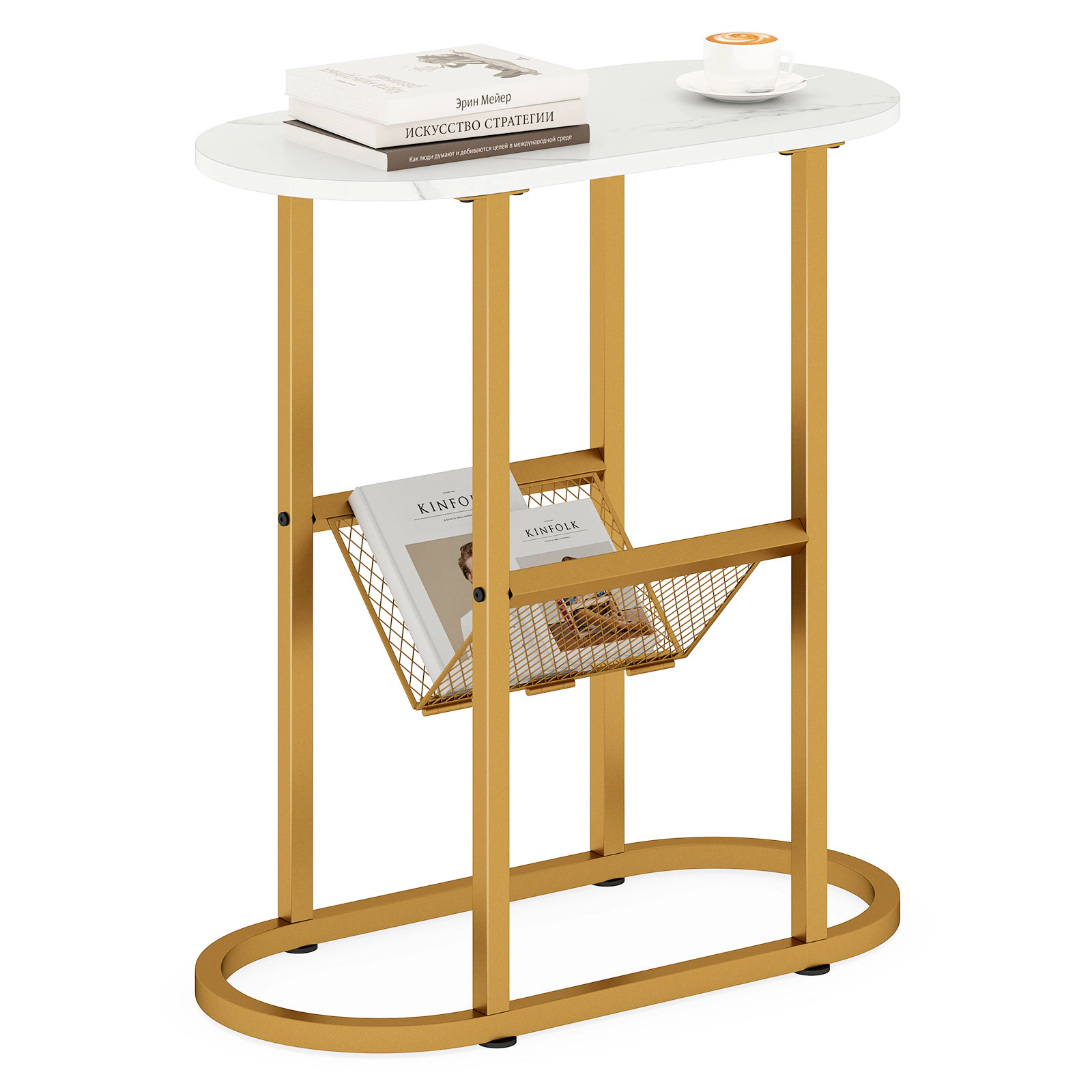 Glintex Industrial Oval 2-Tier Side Table with Mesh Shelf and Adjustable Pads, White