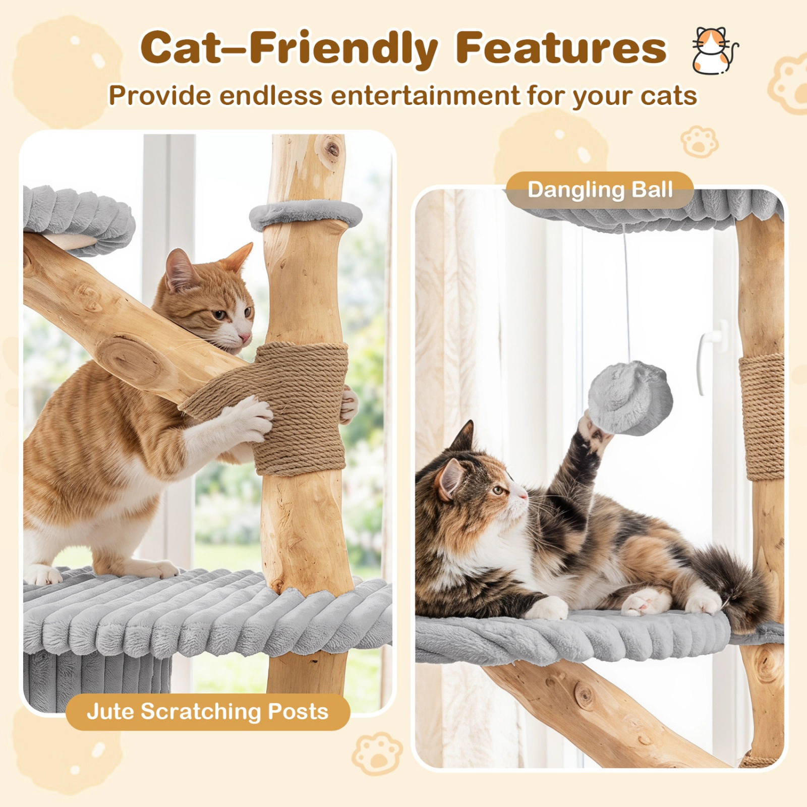 SUGIFT 41-in Tall Multi-level Modern Cat Tower with Real Pear Wood Branches Scratching Posts 22-lb Capacity Gray