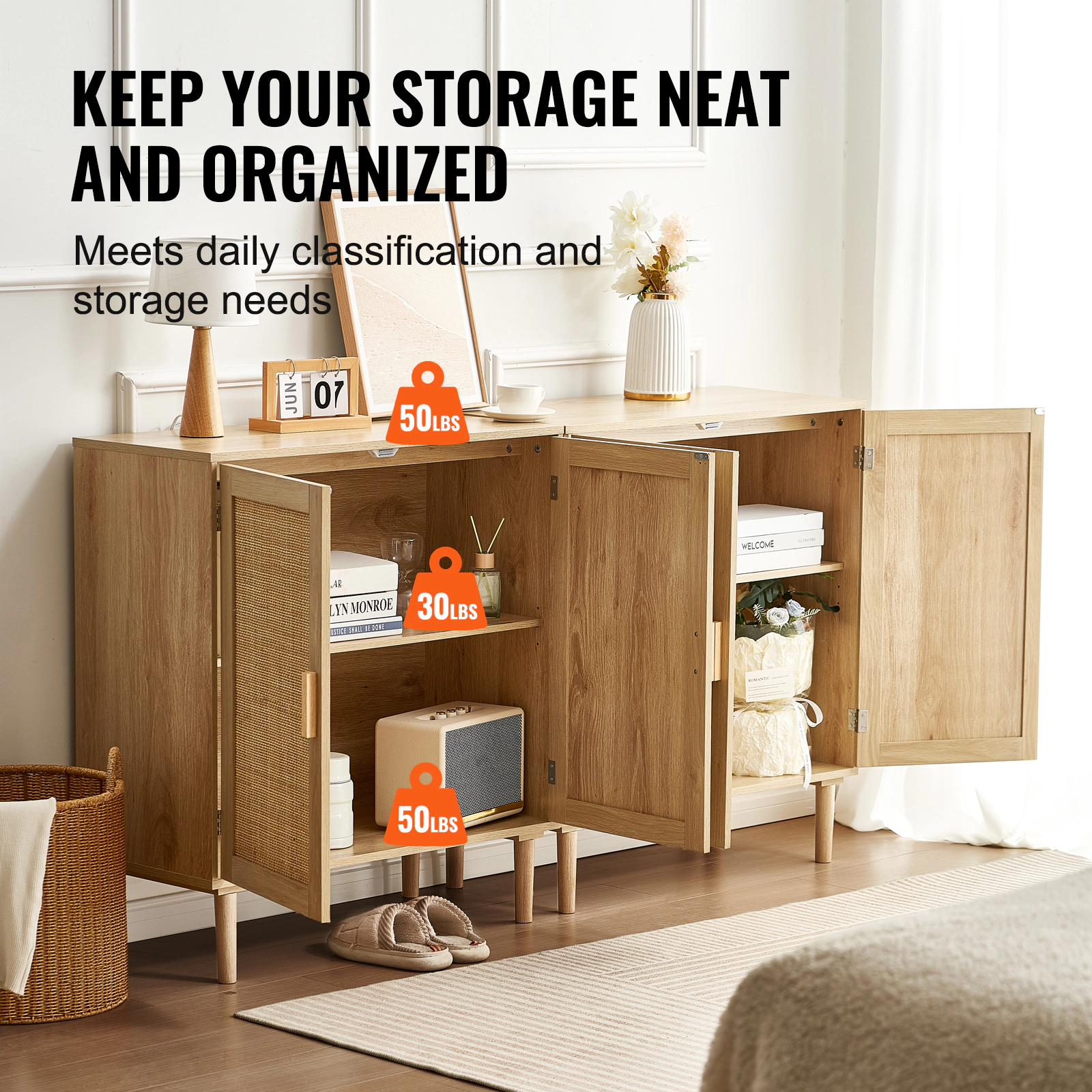 HONGGE Rattan Cabinet Rattan Storage Cabinet with Magnetic Doors and Adjustable Shelves Sideboard Buffet Cabinet for
