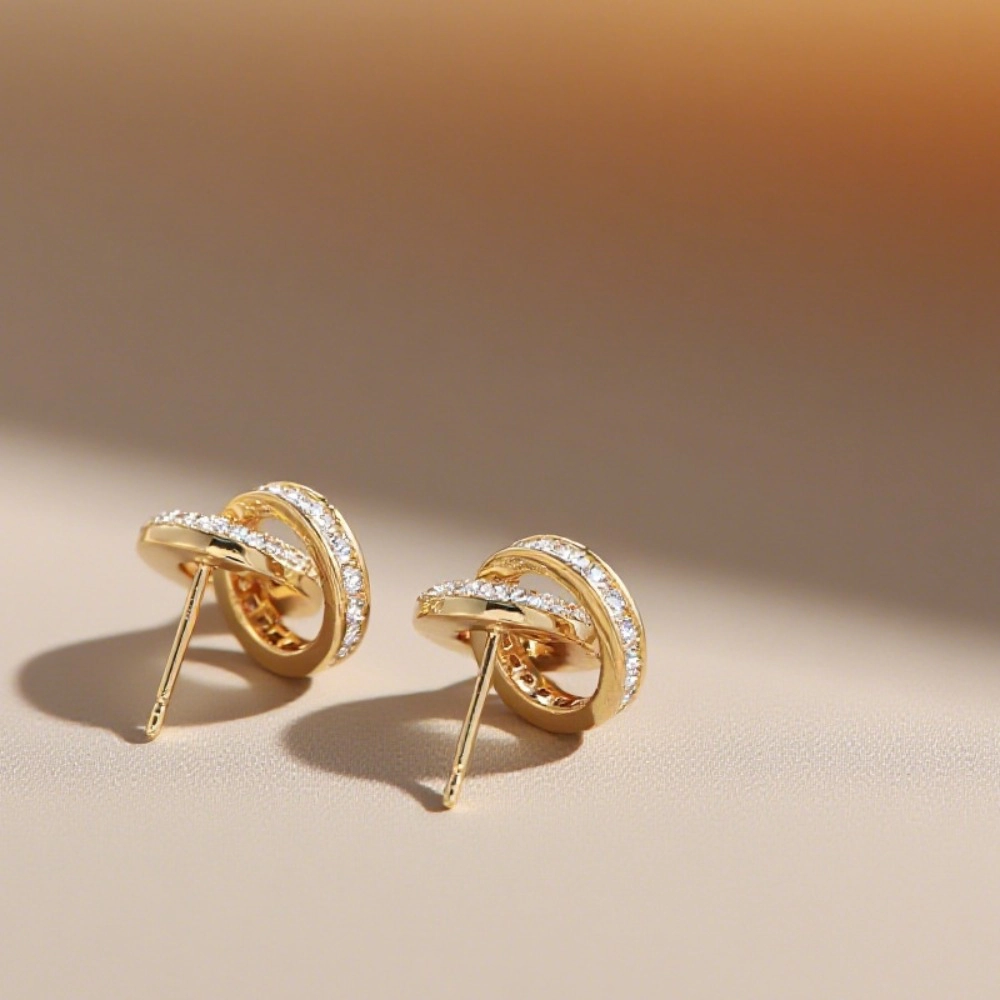 Interlocking Circle Cubic Zirconia Stud Earring Gold Plated Double Linked Ring CZ Earring