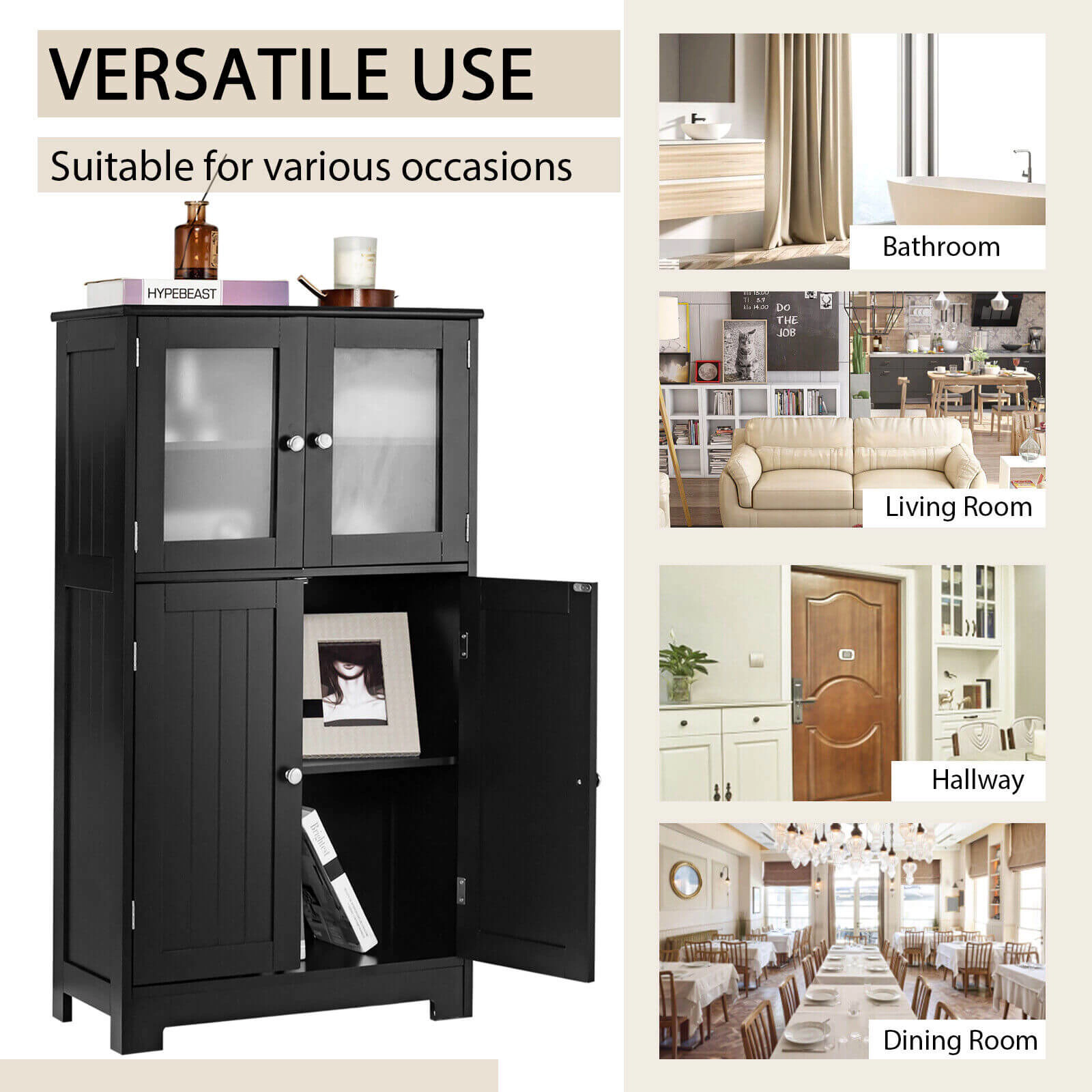 Glintex 43-Inch Storage Cabinet with Tempered Glass Upper Doors and Metal Hinges