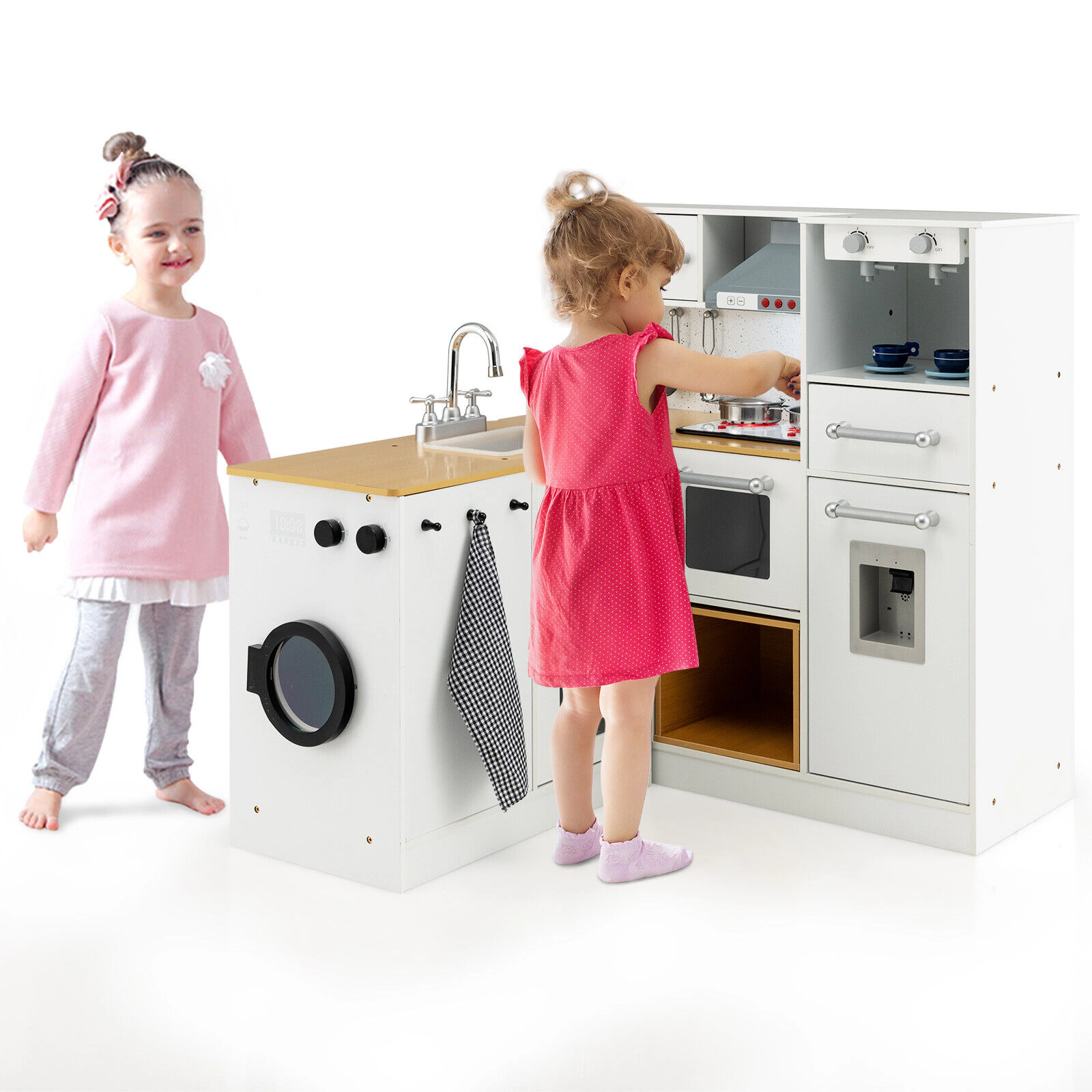 SUGIFT White Washing Machine Light and Sound 2-Piece Wooden Kids Kitchen Playset
