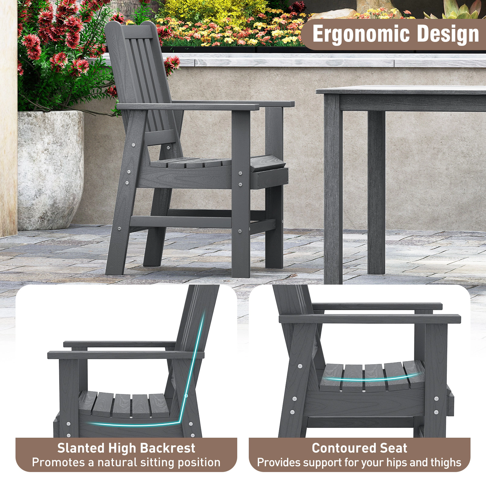 SUGIFT Patio Dining Chairs with Wide Armrests 330-lb Capacity Gray and Black