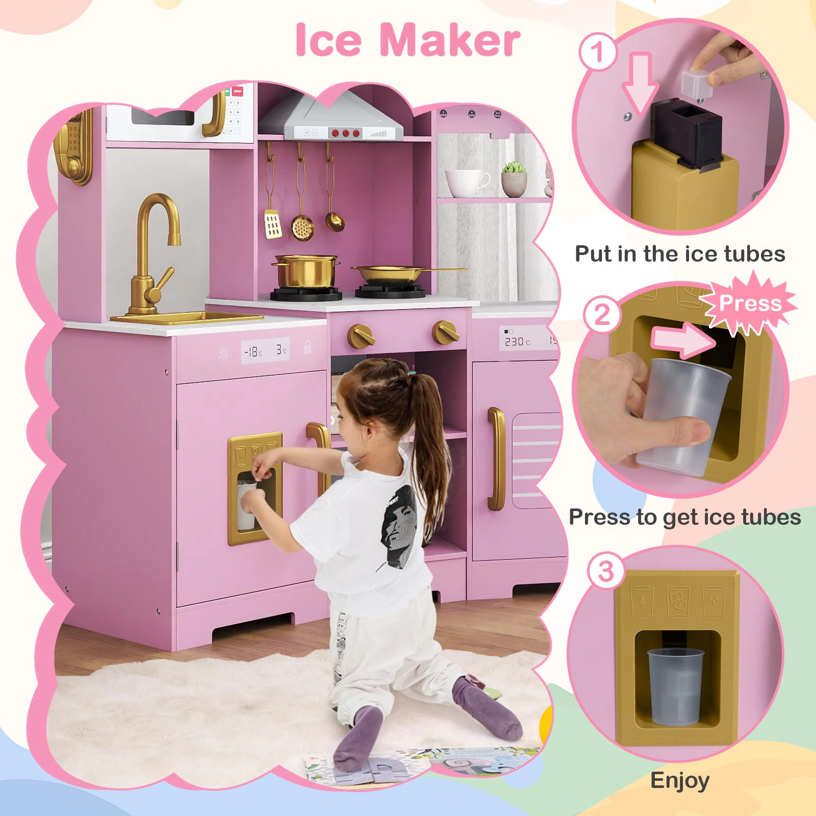 SUGIFT Pretend Play Kitchen Wooden Toy Set with Range Hood Real Sounds and Lights Pretend Kitchen Ages 3+ Brown/White