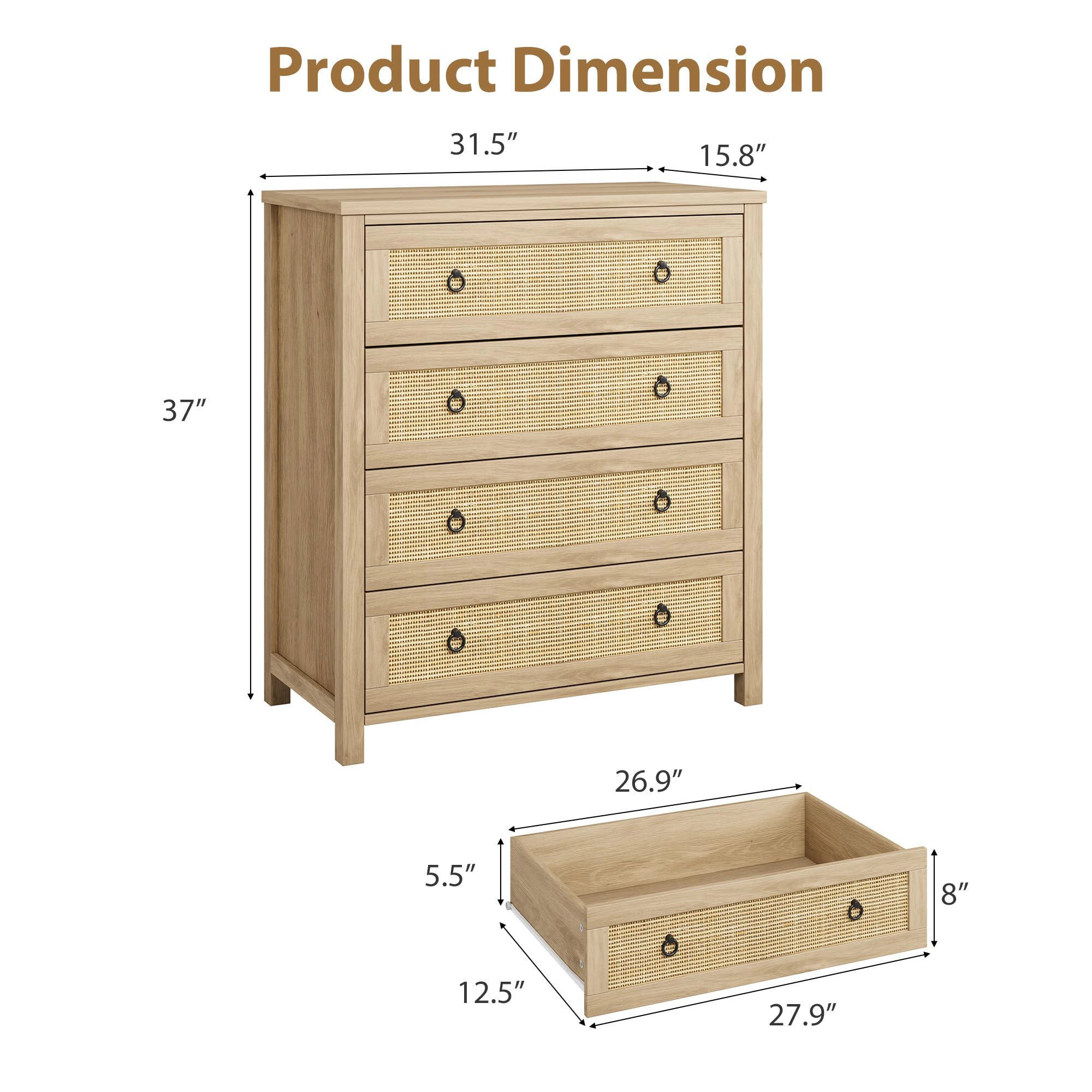Rattan 4 Drawer Dresser, 37" Tall Wooden Storage Chest for Bedroom Living Room Hallway