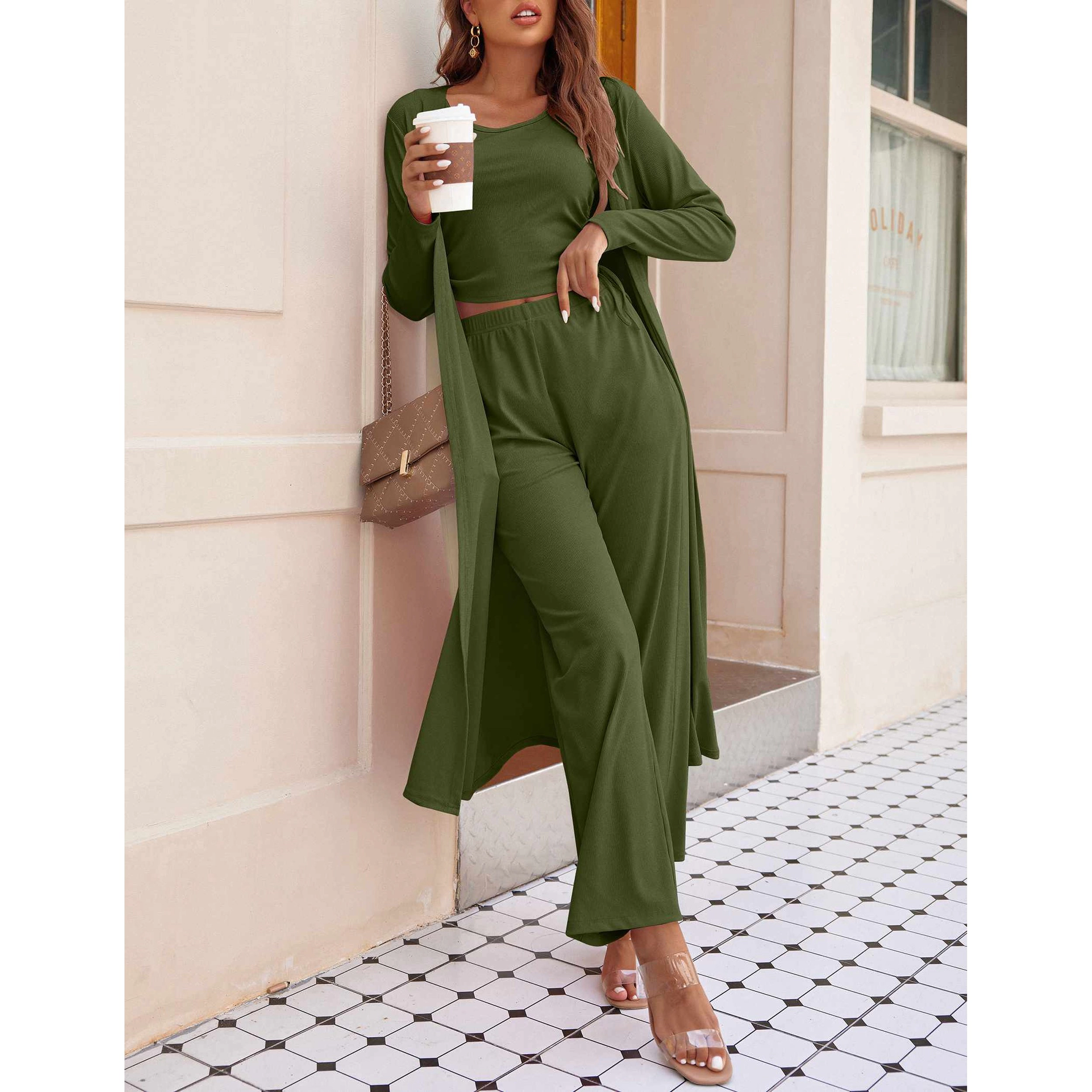 Ekouaer Women's 3 Piece Knit Lounge Set Pajama Long Sleeve Cardigan Sleeveless Top Pants