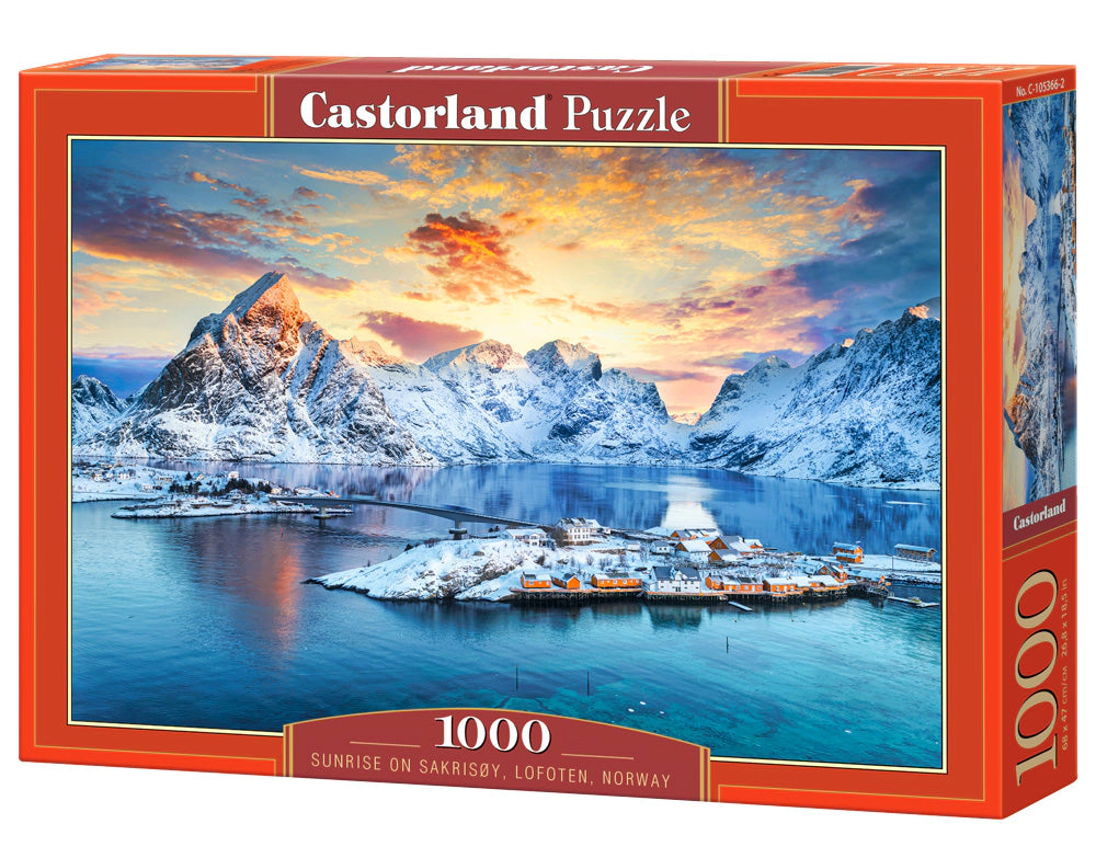 CASTORLAND 1000 Piece Jigsaw Puzzles, Sunrise on Sakrisøy, Lofoten, Norway, Majestic Arctic sunset, C-105366-2