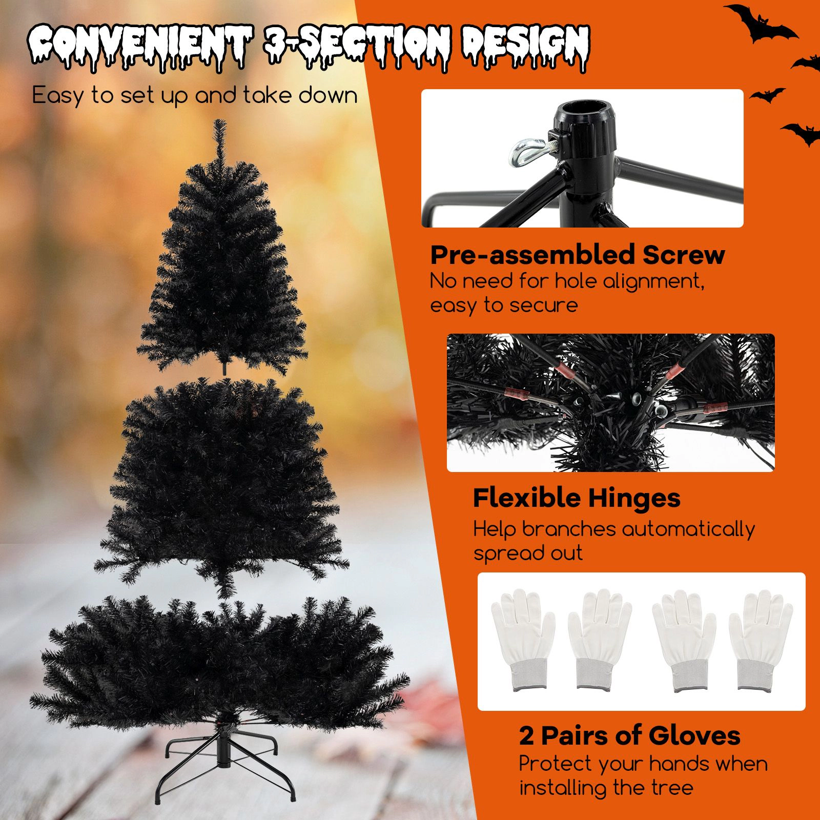 SlickBlue Black Halloween Tree with LED Lights and Spooky Sound Effects
