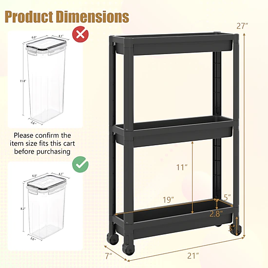 SUGIFT Black 2-Pack 3-Tier Slim Rolling Utility Cart with Wheels 21-in W 7-in D 27-in H 18-lb Per Tier