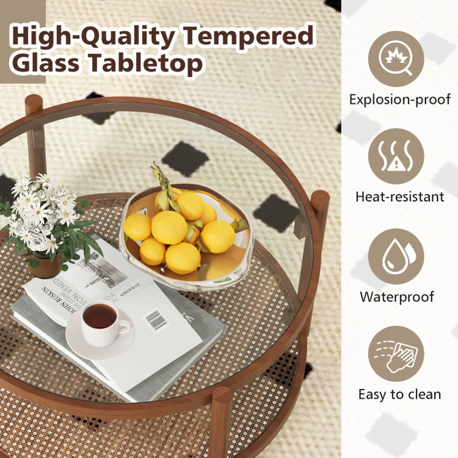 SUGIFT 31-in 2-Tier Round Coffee Table with Tempered Glass Top 265-lb Tabletop Capacity Cherry+Transparent