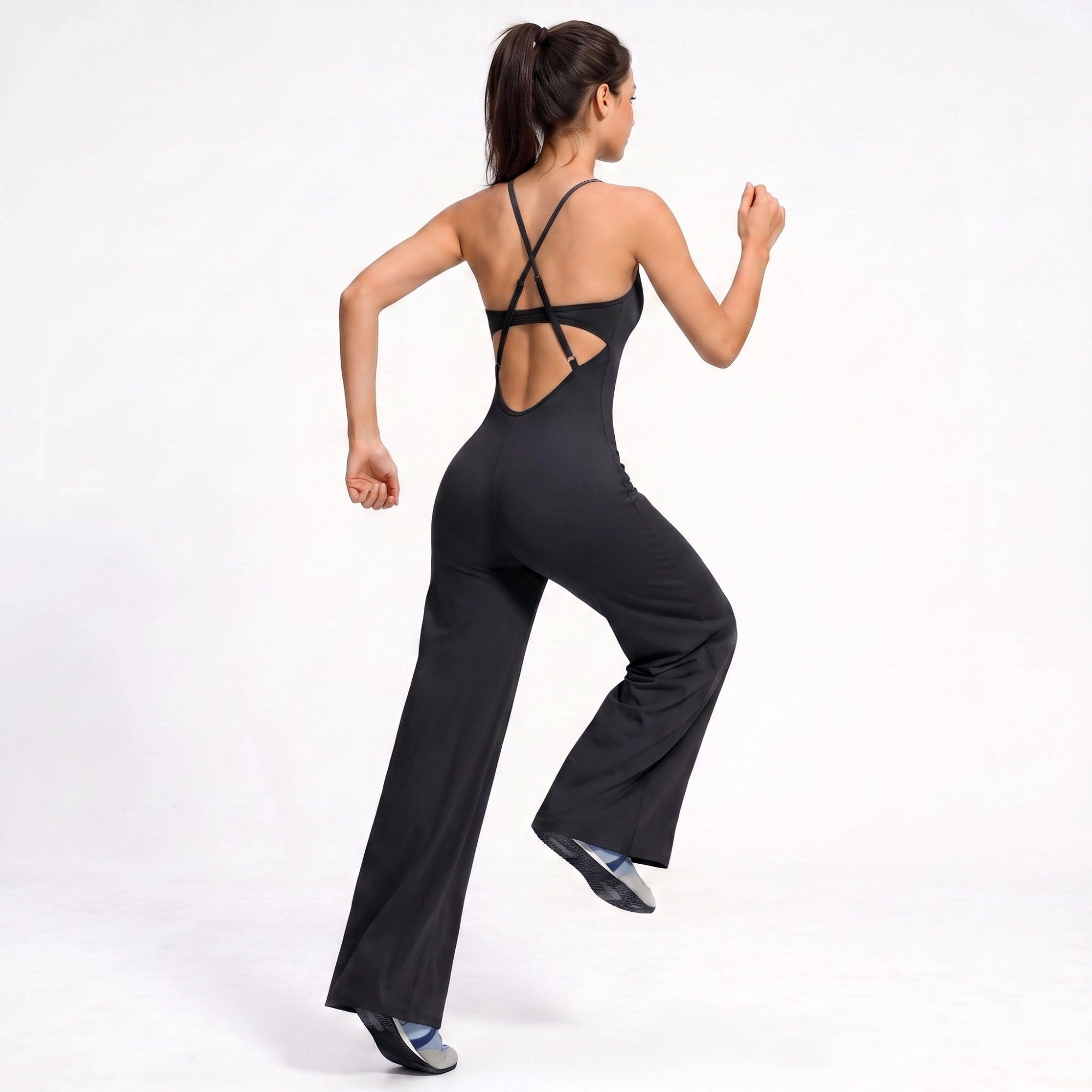 Anna-Kaci Women's Scoop Neck Wide Leg Athletic Jumpsuit with Adjustable Crisscross Back Straps for Yoga Gym
