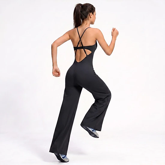 Anna-Kaci Women's Scoop Neck Wide Leg Athletic Jumpsuit with Adjustable Crisscross Back Straps for Yoga Gym