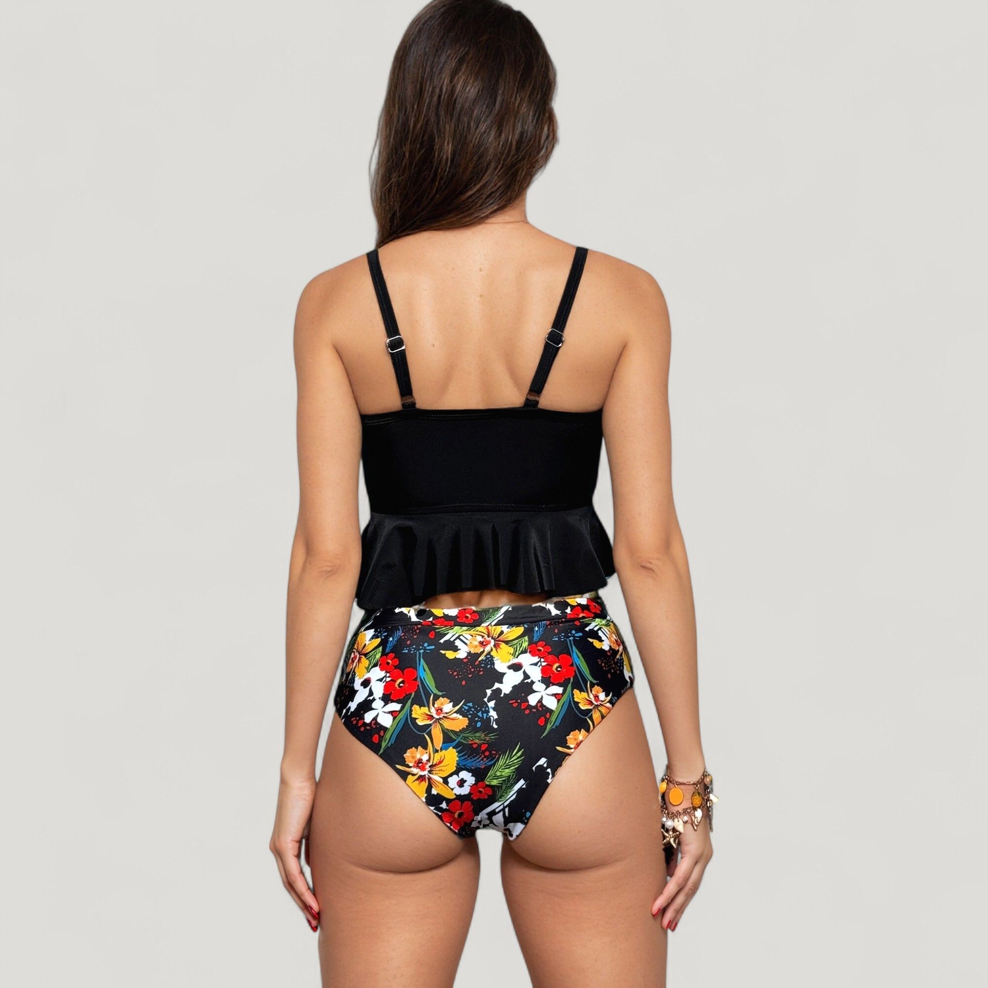 Anna-Kaci Women's Peplum Lace-Up Tankini Top, High-Waist Floral Bikini Bottom Two-Piece Swimsuit