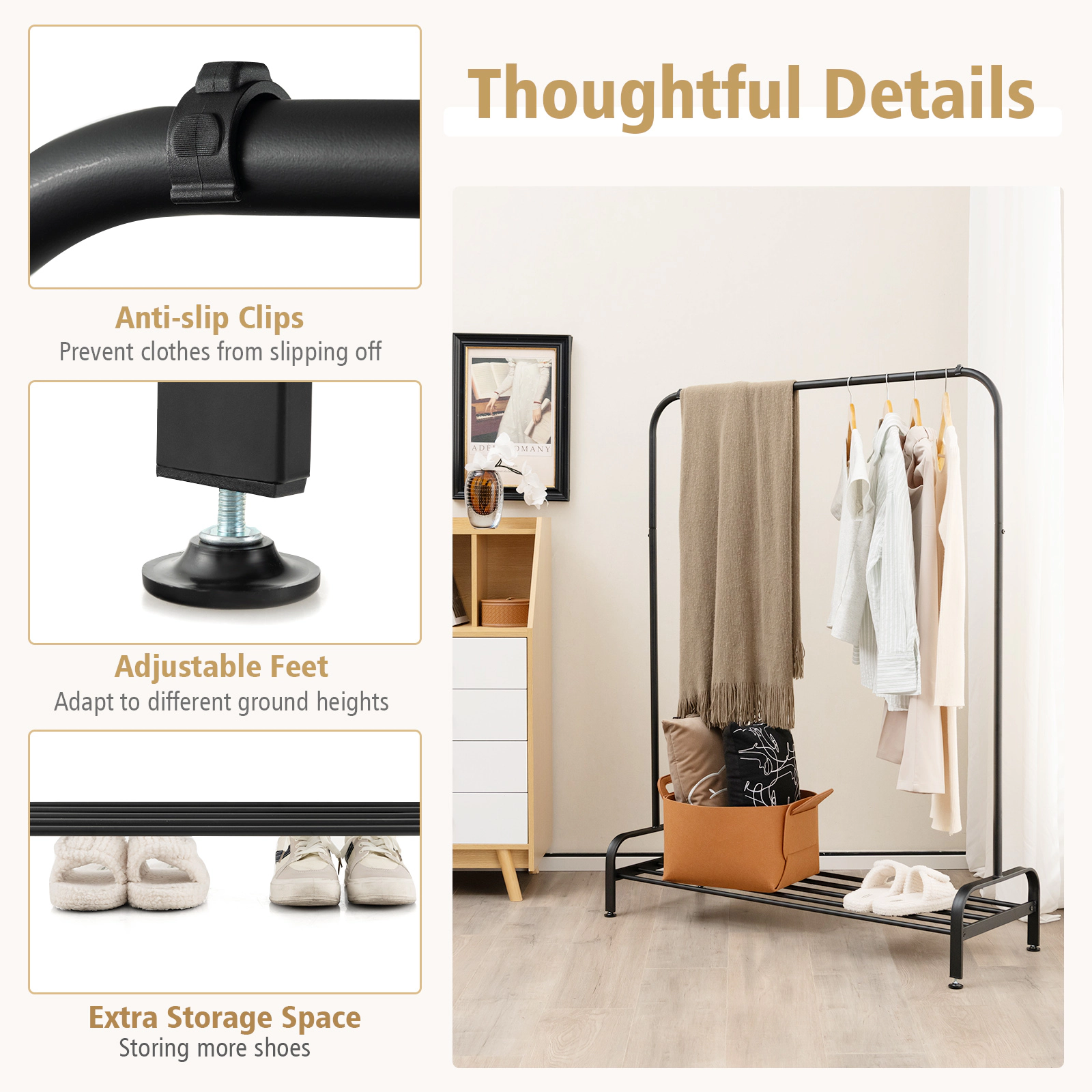 Hivvago Heavy Duty Clothes Stand Rack with Top Rod and Lower Storage Shelf