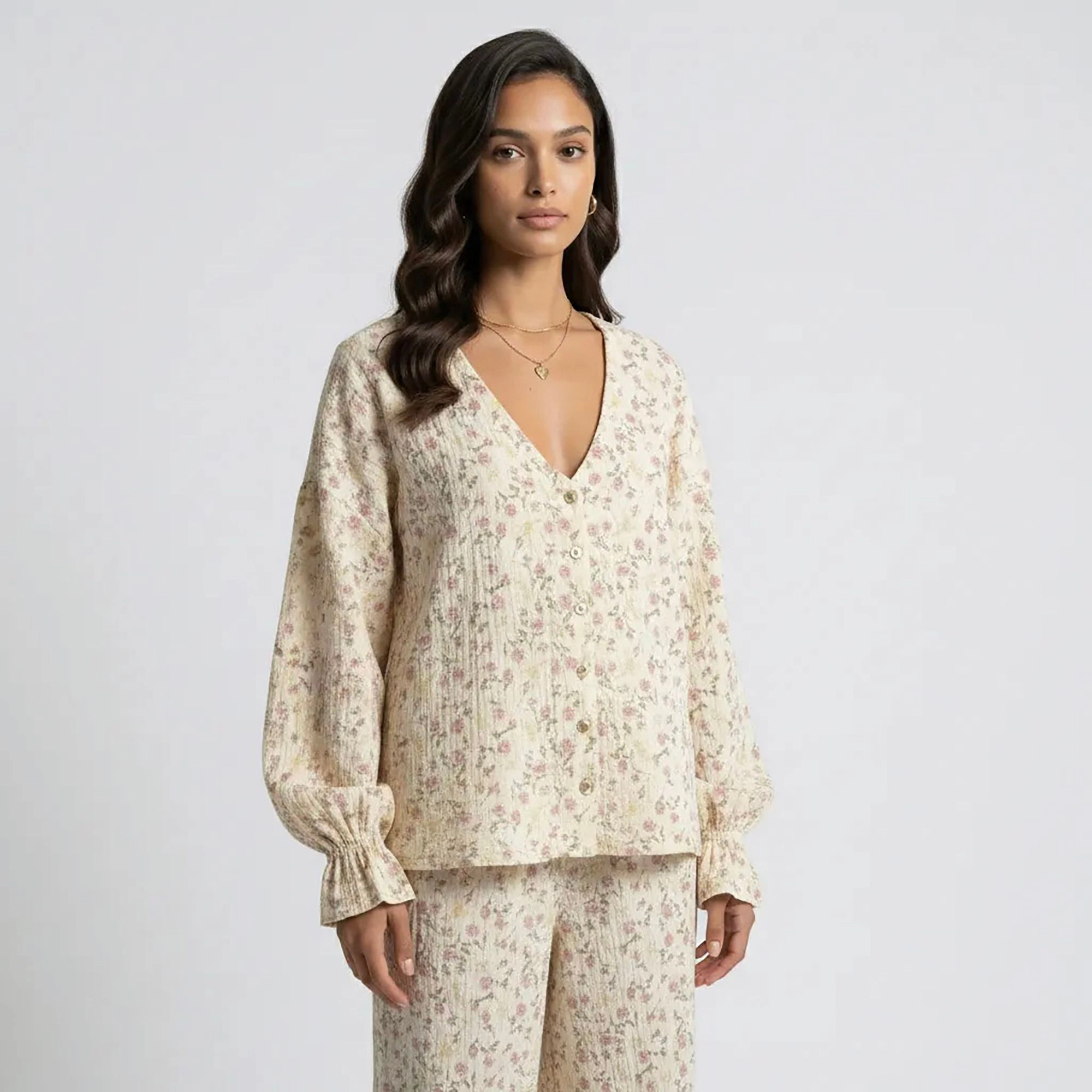 Anna-Kaci Women's Floral Print Woven Pajama Set with V-Neck Button Down Top and Wide Leg Elastic Waist Pants