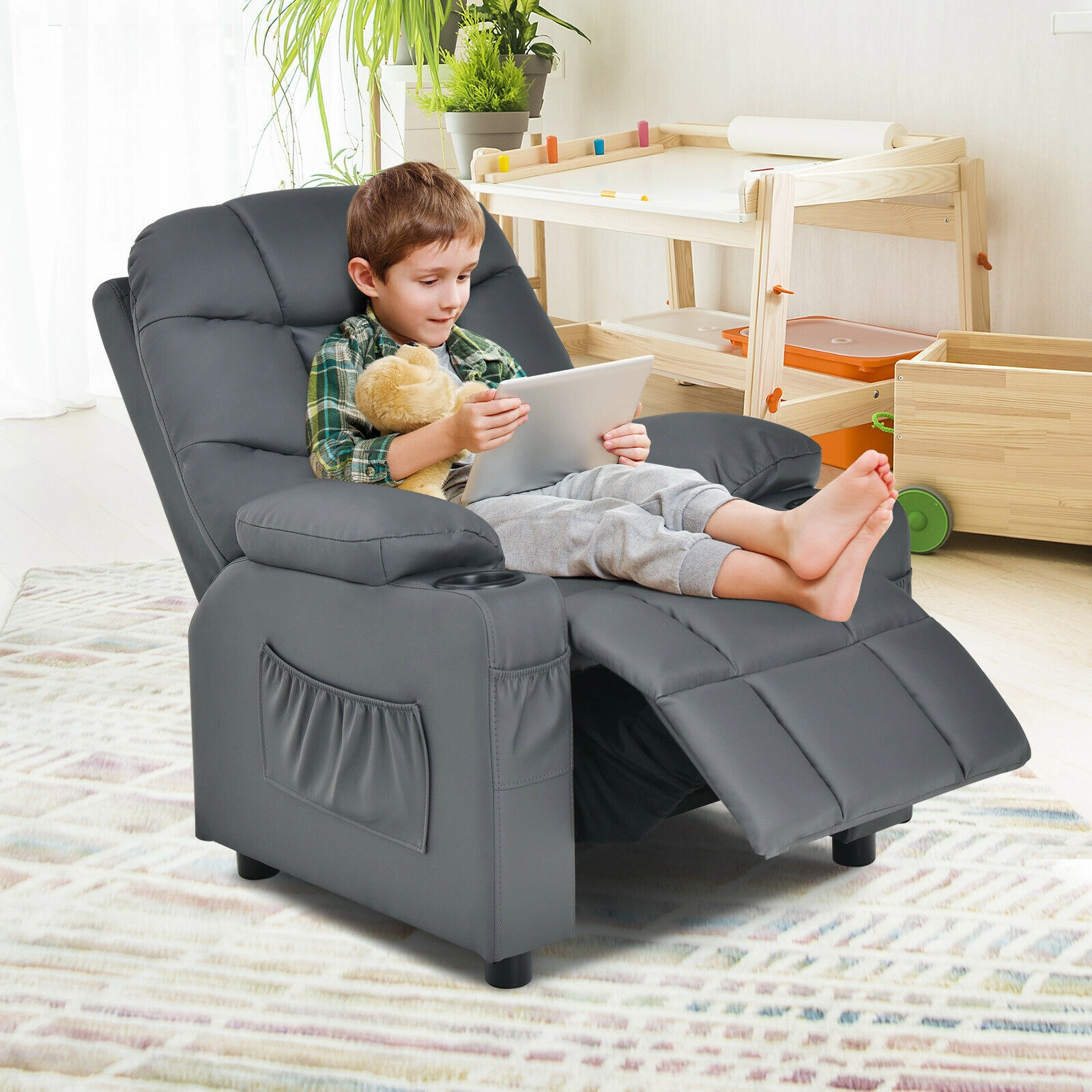 SUGIFT Kids PU Leather Cup Holders Side Pockets Push Back Recliner 26-in x 28-in x 34-in 120-lb Capacity Ages 3+ Gray