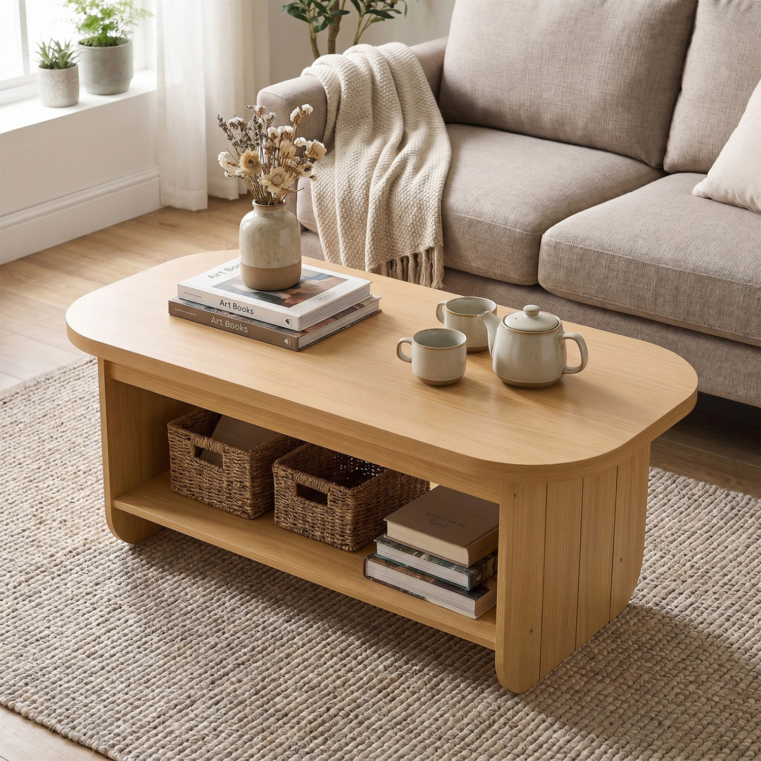 LJG 2-Tier Oval Coffee Table for Living Room Mid Century Center Table with Bottom Storage Shelf
