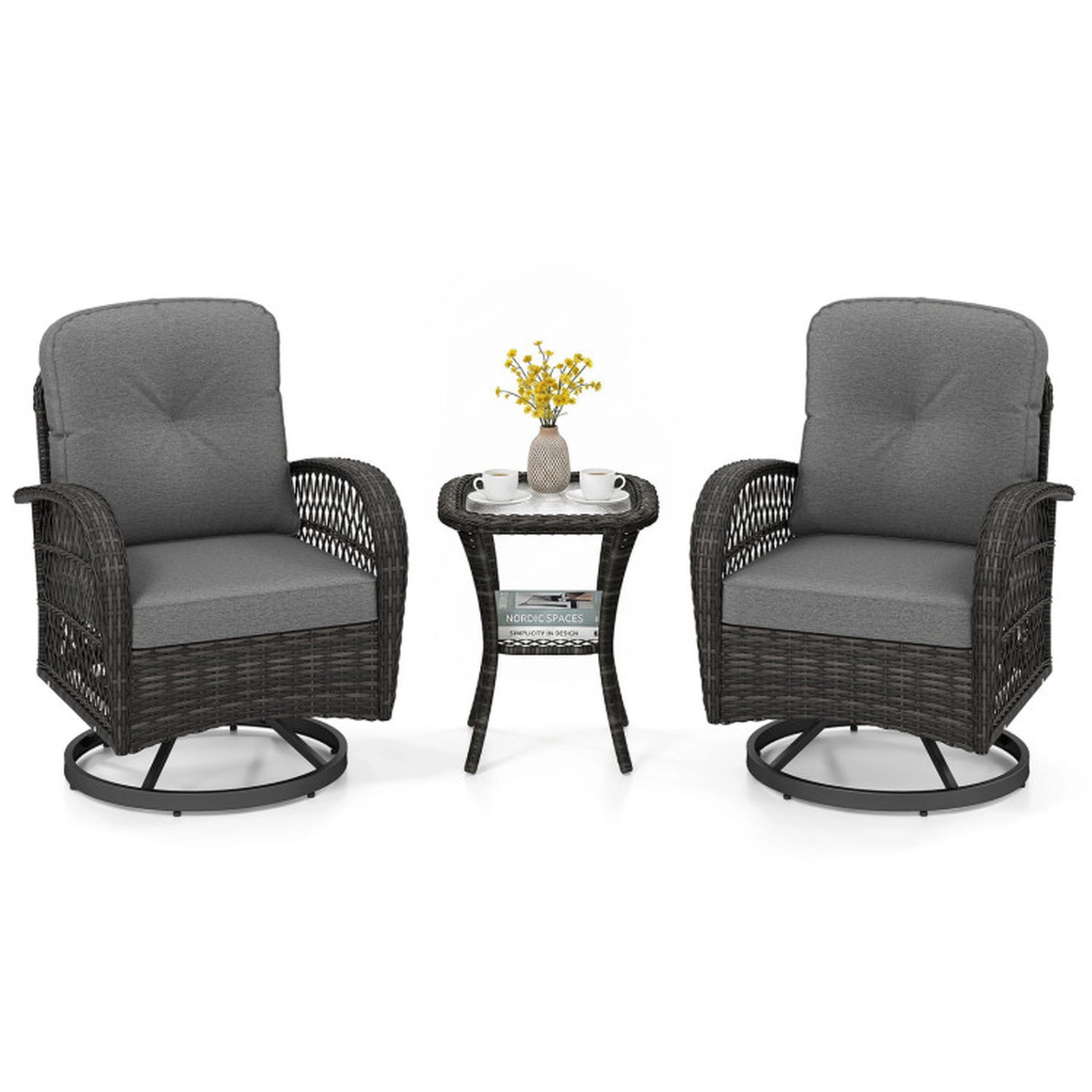 SUGIFT Patio Swivel Rocker Chair Set with Tempered Glass Side Table 400-lb Seat and 110-lb Table Capacity Dark Gray