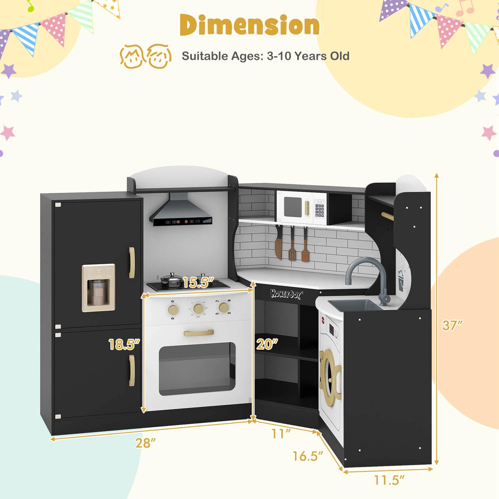Costway Corner Play Kitchen Toddler Playset with Range Hood, Ice Maker, Microwave Pink