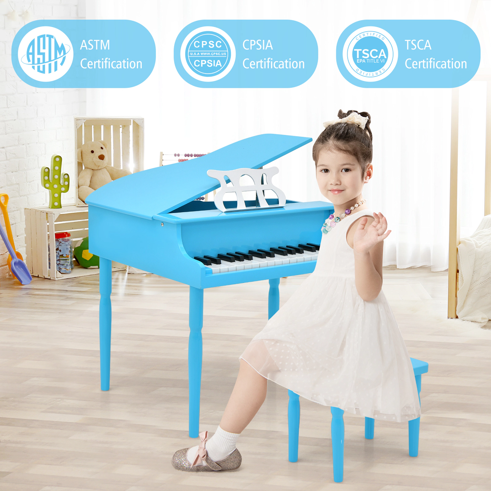 SUGIFT Blue 30-Key Wood Kids Grand Piano with Bench Music Rack Safety Hinges and Straight Leg Structure