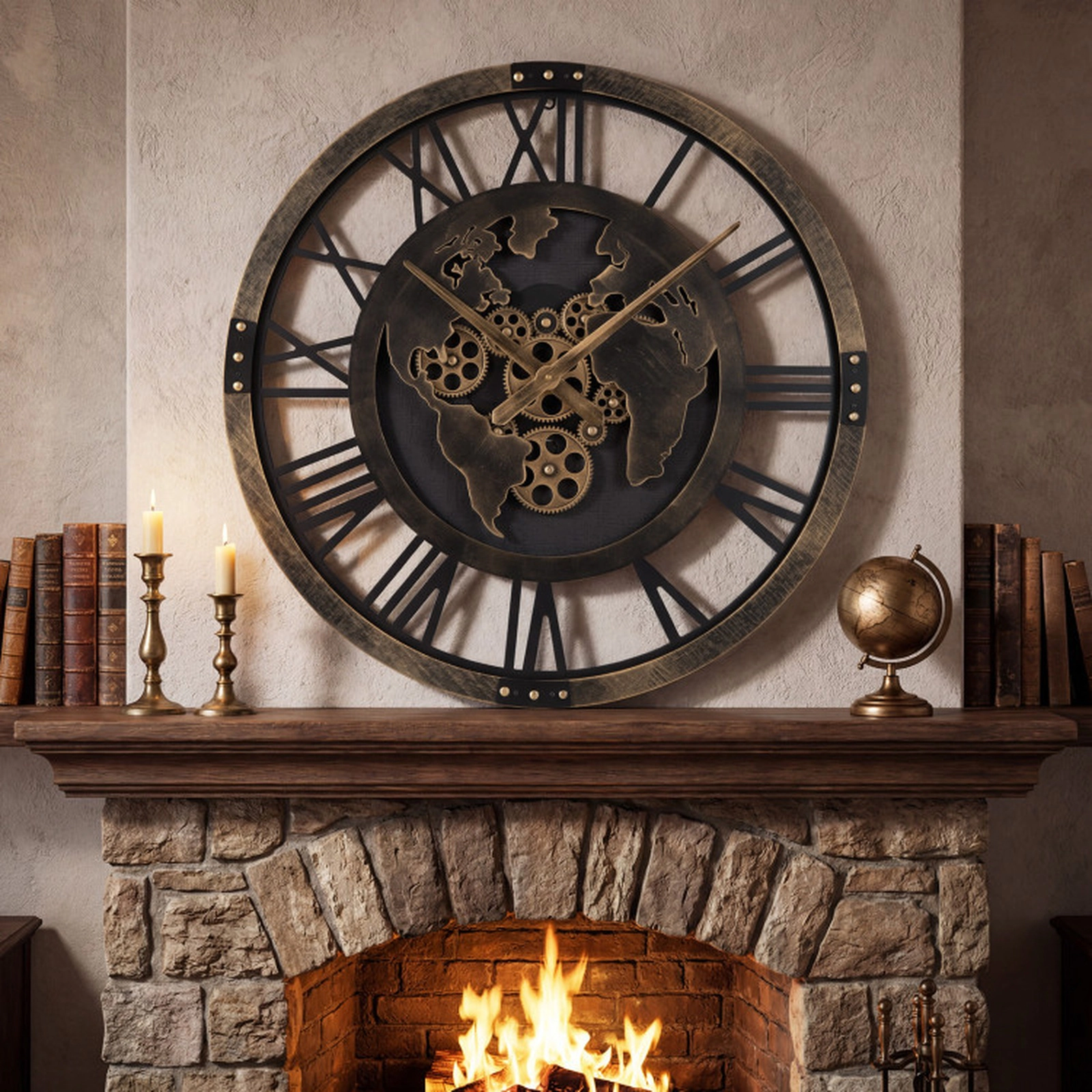 SUGIFT 27-in Oversized Brown Metal Gear Wall Clock with World Map and Non-Ticking Quartz Movement