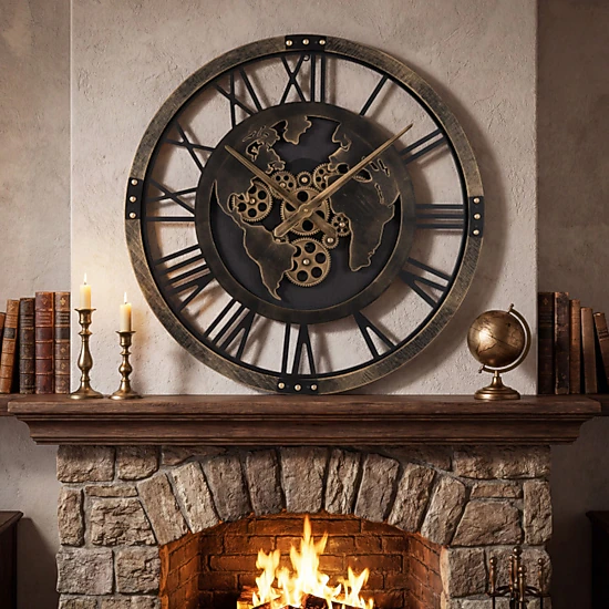 SUGIFT 27-in Oversized Brown Metal Gear Wall Clock with World Map