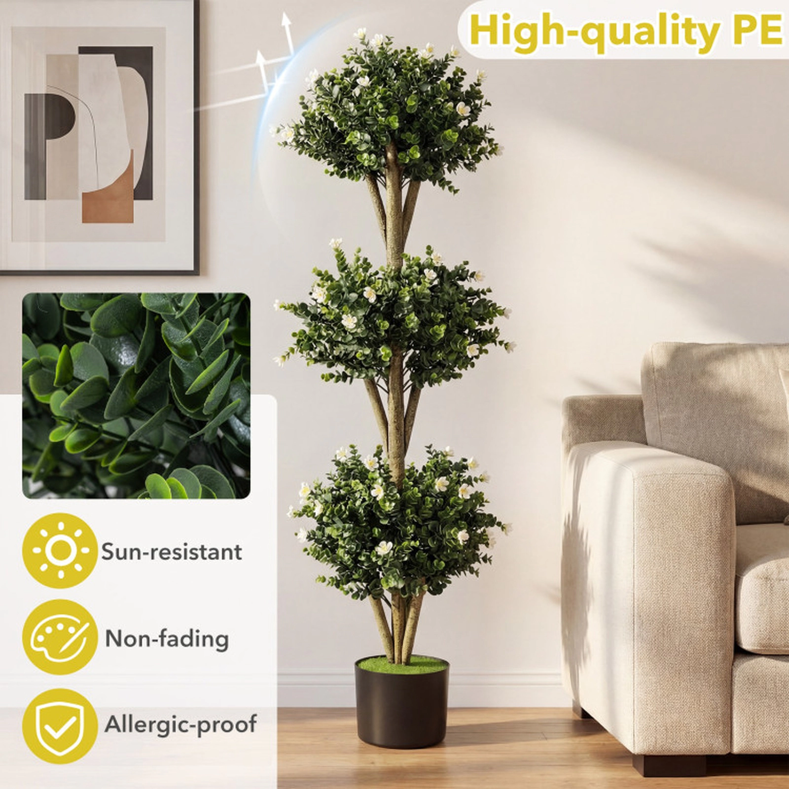 SUGIFT 51-in Artificial Triple Ball Boxwood Topiary Tree with 59 White Blossoms and Cement-Filled Pot