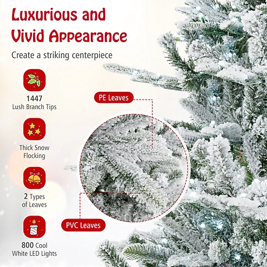 SUGIFT 8-ft Pre-Lit Snow Flocked Artificial Christmas Tree with 800 Cool White LED Lights Timer and Remote White
