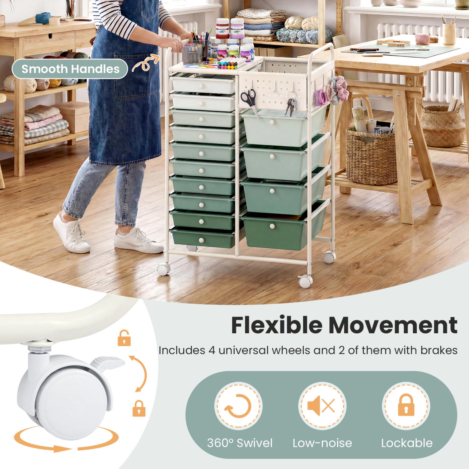 SUGIFT Metal Tabletop and Pegboard Panels 14-Drawer Rolling Storage Cart