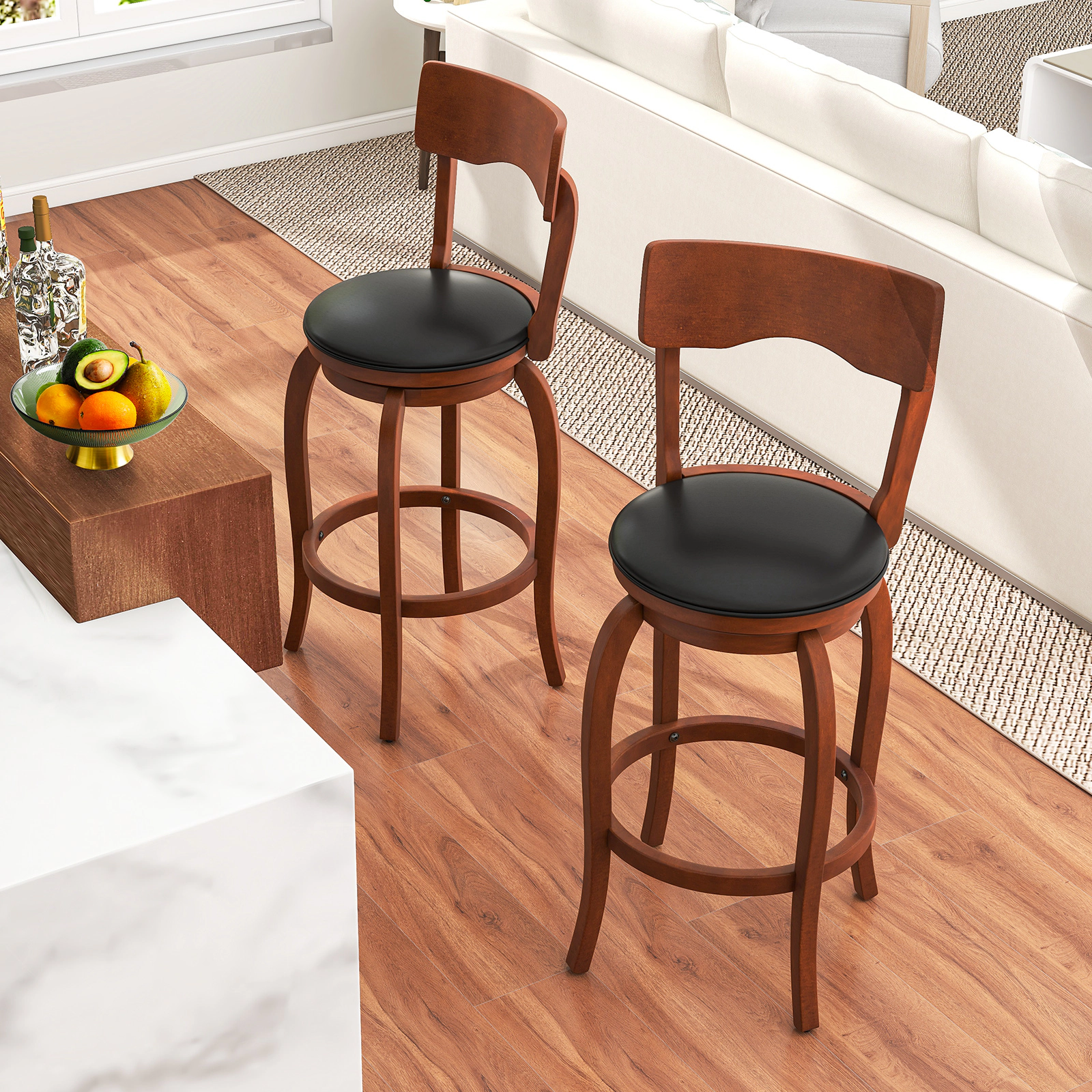 SUGIFT Set of 2 Rubber Wood Frame and PVC Seat 29.5-in Seat H Swivel 280-lb Rated Bar Stools Brown