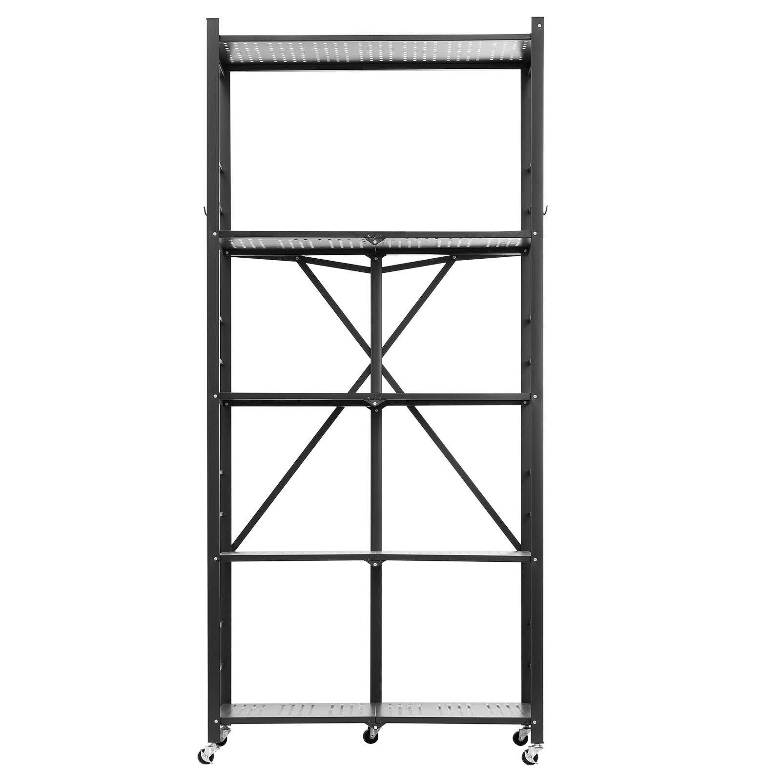 HONGGE Foldable Storage Shelf Folding Metal Rack Shelving Unit No Assembly Organizer Shelf with 5 Wheels & 4 Hooks for