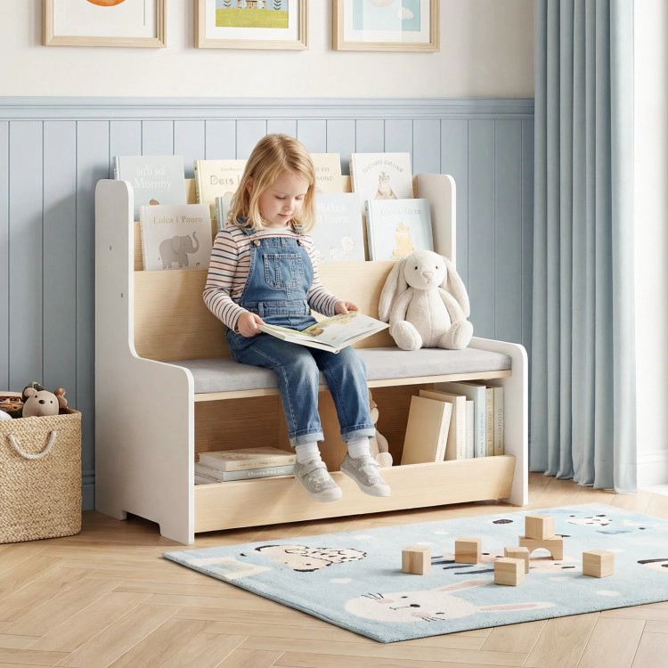 Hivvago Kids Reading Nook with Bench Bookshelf and 2 Cubbies