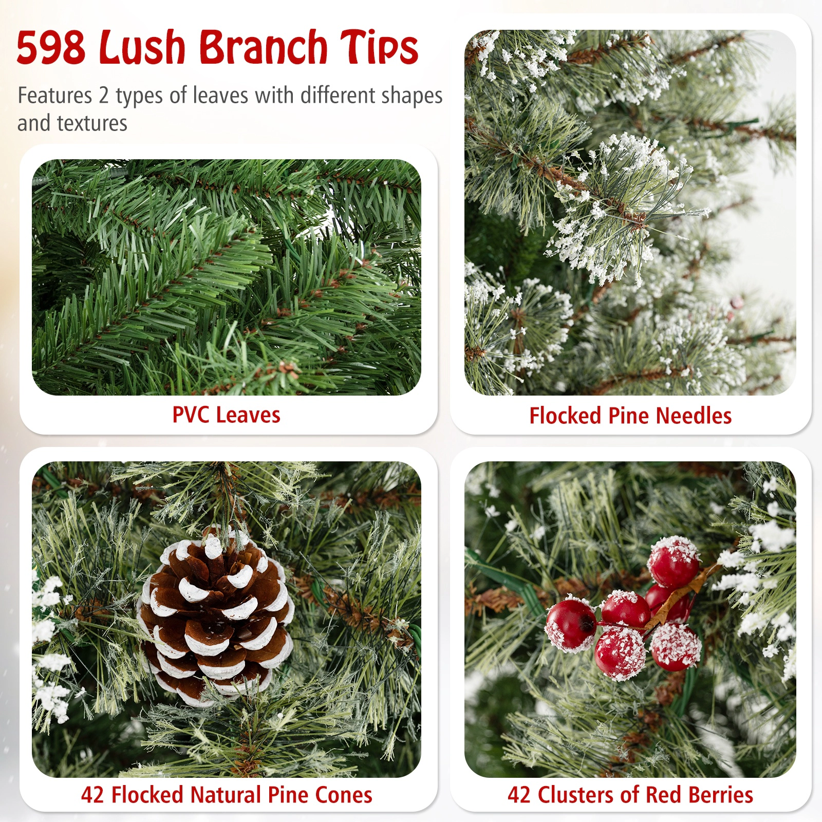 SUGIFT Pre-Lit Hinged Artificial Christmas Tree with Quick Power Connector 6-ft Green with Pine Cones and Red Berries