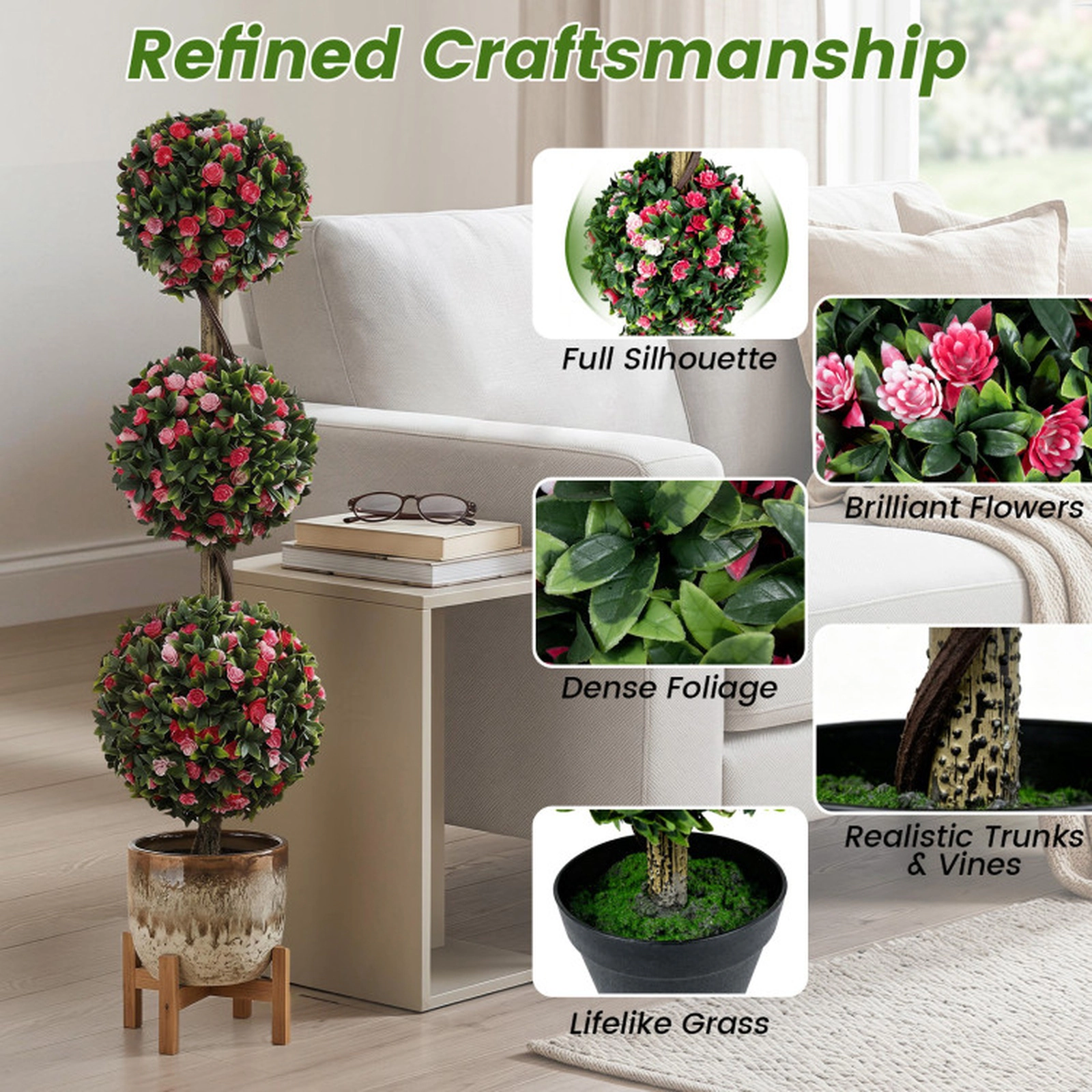 SUGIFT 46.5-in Artificial Triple Ball Rose Topiary Tree with Lifelike Pink Blooms and Cement-Filled Pot