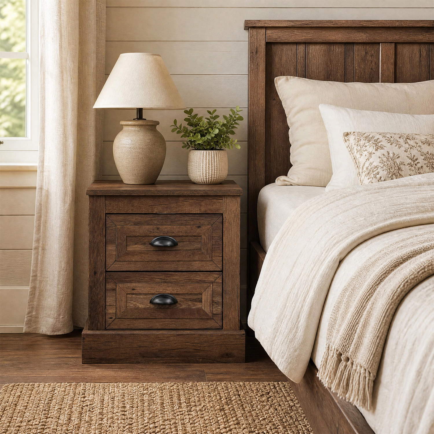 LJG Farmhouse Nightstand with 2 Drawers & Storage for Living Room Bedroom