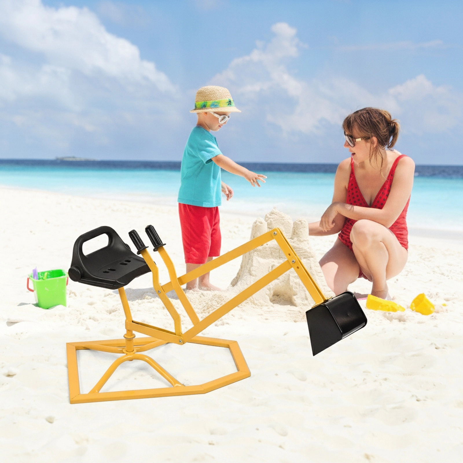 Kids Ride-On Sand Digger Excavator 44-in Steel Sandbox Toy 360-Degree Swivel Seat Rubber Grip Handles 88-lb Ages 4-12