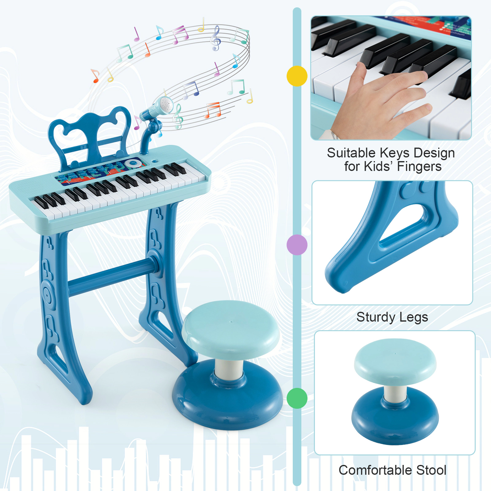 SUGIFT Blue 37-Key Kids Piano Keyboard with Microphone 22 Demo Songs Detachable Legs Music Stand and Stool