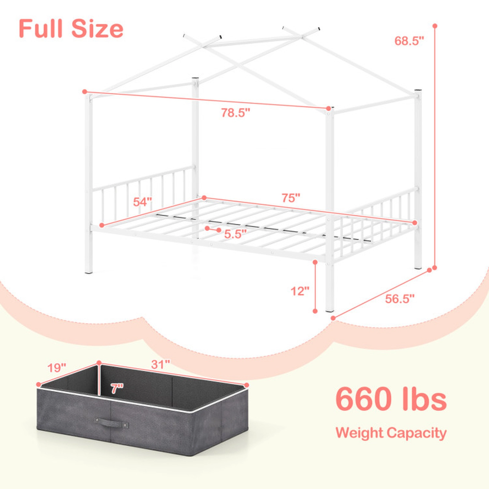 SUGIFT Full Size Metal House Bed Frame with 12 Metal Slats and 2 Fabric Drawers 660-lb Capacity Toddler Bed White/Black