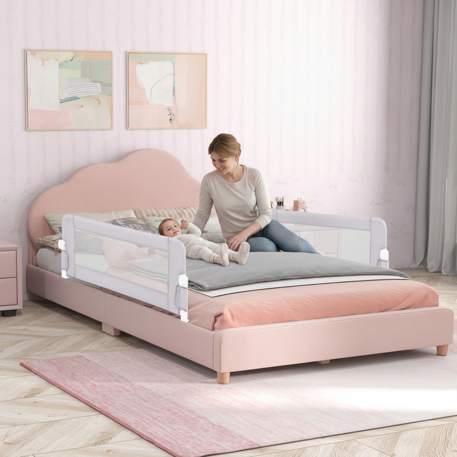 47-in Foldable Bed Rail for Toddlers Swing Down Bed Guard with Adjustable Strap Washable Cover Tool-Free Install White