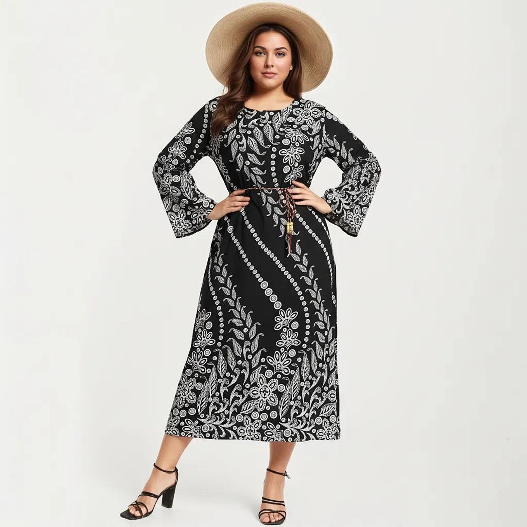 Anna-Kaci Women's Plus Paisley Print Long Sleeve Round Neck Adjustable Waist Tie Midi Dress