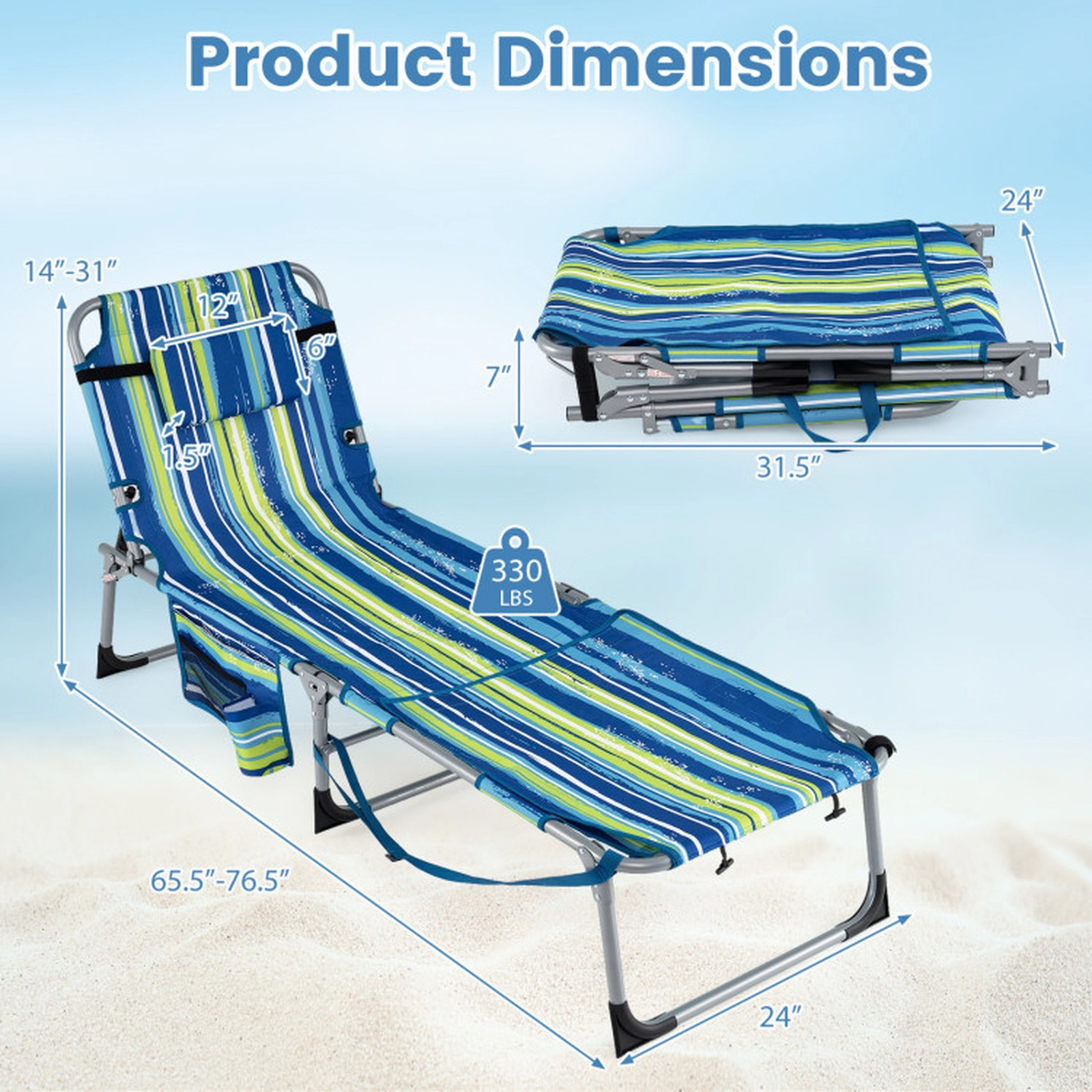 SUGIFT Set of 2 Portable Tanning Chairs with Face and Arm Holes 330-Lb Capacity 4-Level Backrest Blue & Green