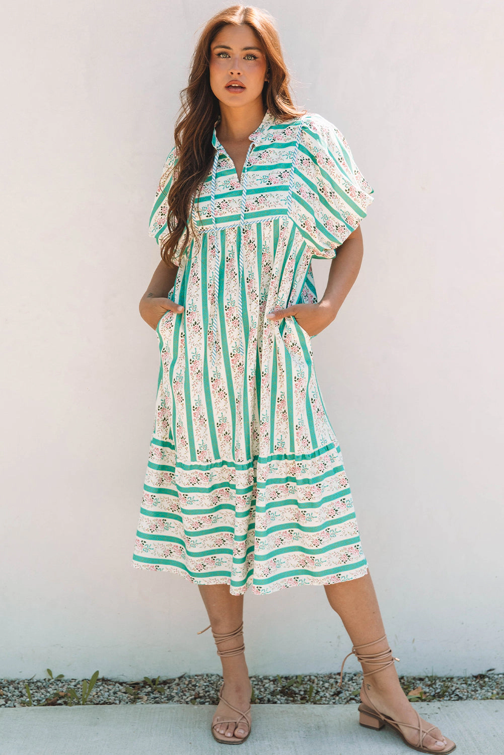 Threaded Pear Women's Billie Striped Floral Tie Split Neck Puff Sleeve Midi Dress
