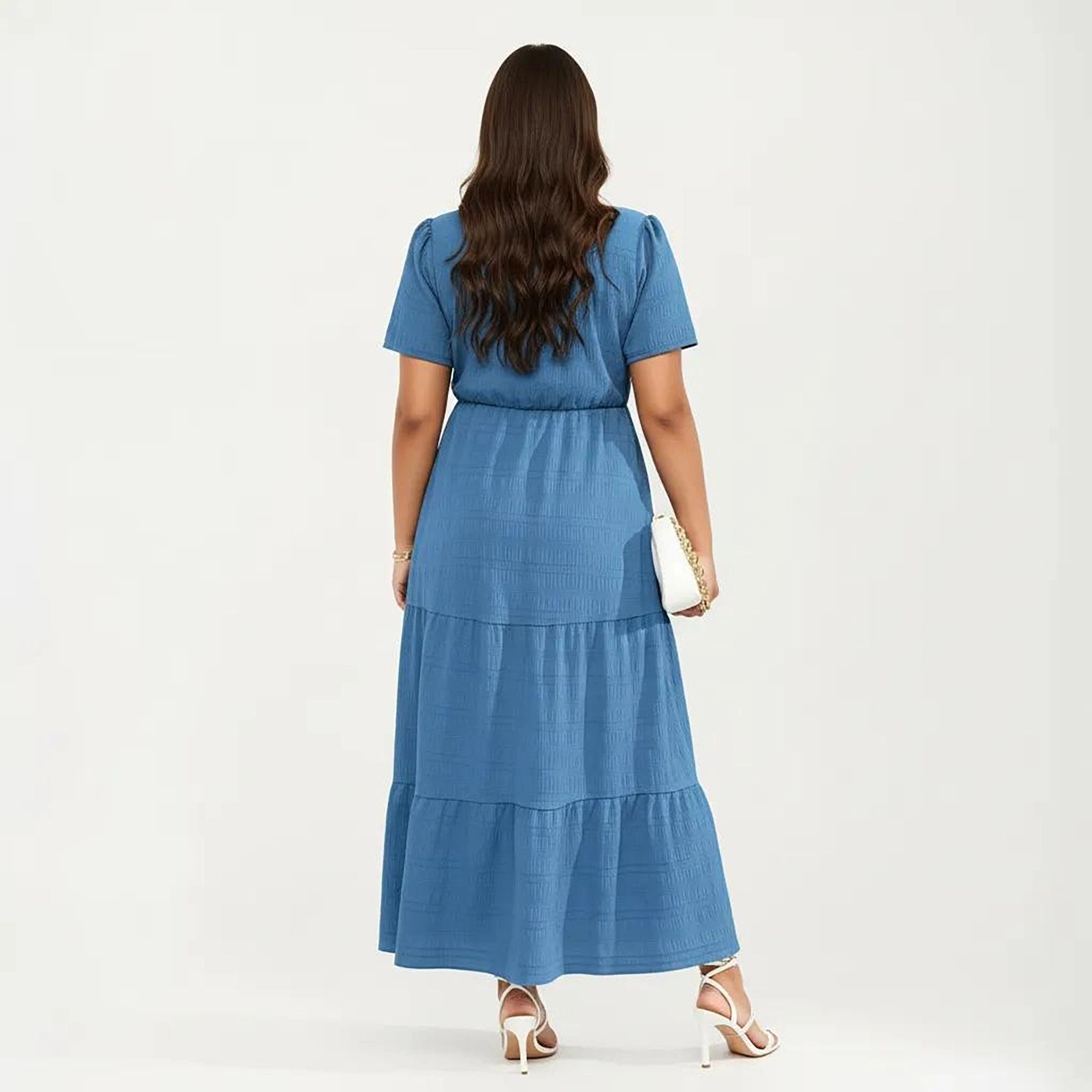 Anna-Kaci Women's Plus Square Neck Tiered Skirt Textured Fabric Flowy A Line Silhouette Maxi Dress