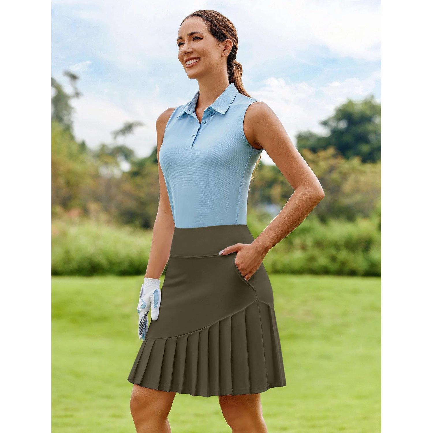 Pinspark Womens High Waist Pleated Skirts Solid Purple Pockets Casual A-Line Skirt