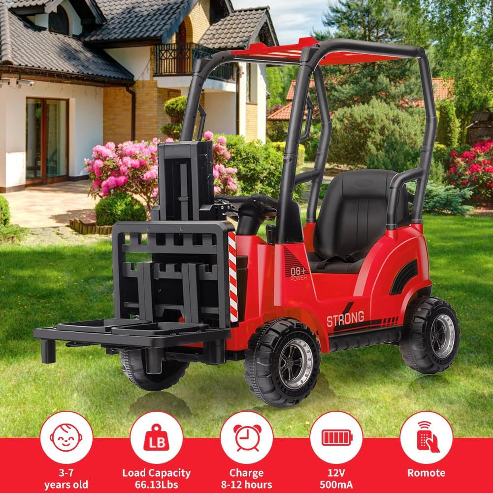 12V Kids Ride On Forklift Car w/Tent, Electric Toy w/Remote,Liftable Fork & Pallet,2 Speeds,Music,USB Low-Power Alarm